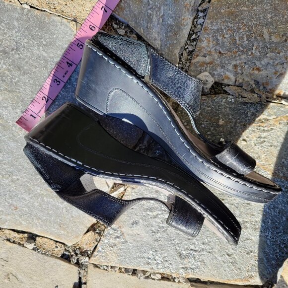 Alegria Black Leather Buckle Lara Pewter Slip On Wedge Heel Sandals Size 37 - Picture 8 of 11